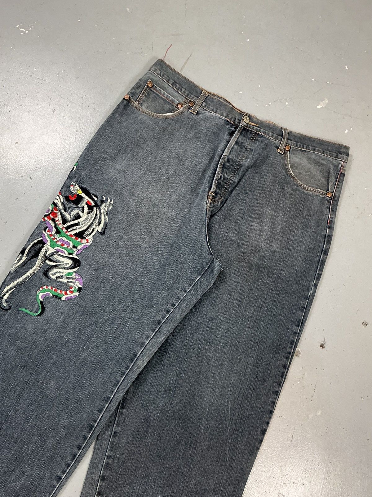 Ed Hardy × Vintage Vintage Edhardy crazy skull embroidered baggy denim Size US 42 / EU 58 - 6 Thumbnail