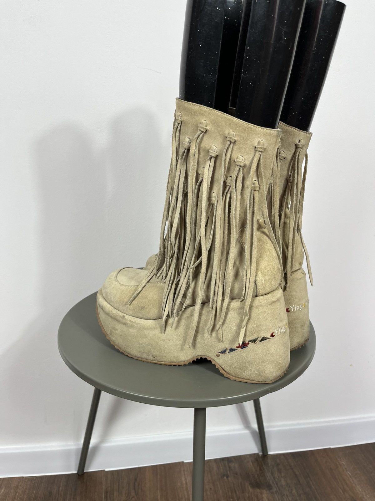 Vintage Beige Suede Fringe Platform Boots with Dangling Details Zip Size US 10 / IT 40 - 5 Thumbnail