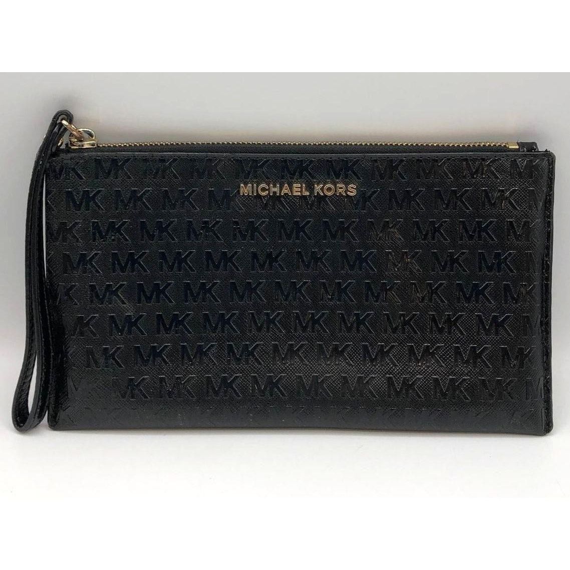 Michael Kors Jet Set MK Signature Large Zip Clutch Wrist Blk
