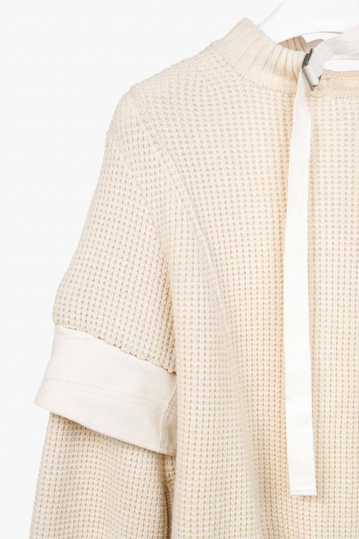 Sacai Sacai AW/16 Cream Wool Waffle-Knit Tie-Neck Sweater Size XL / US 12-14 / IT 48-50 - 5 Thumbnail