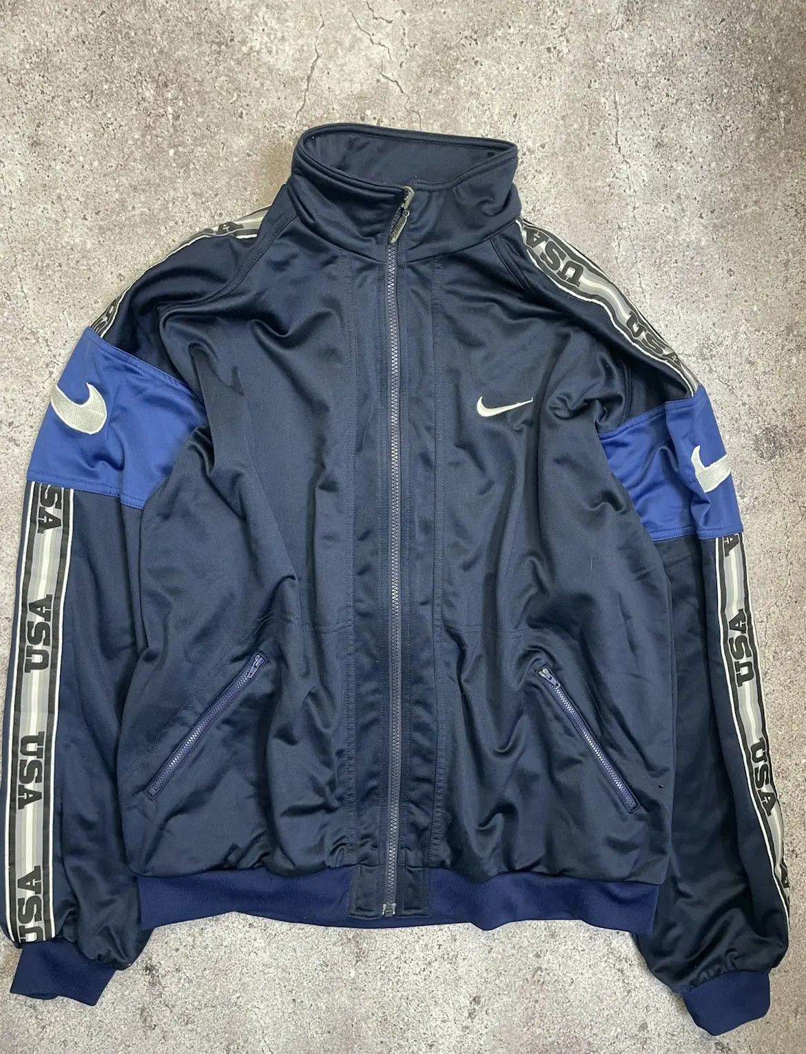 Vintage Nike USA Track Jacket Navy Blue XXL Made in USA Tape