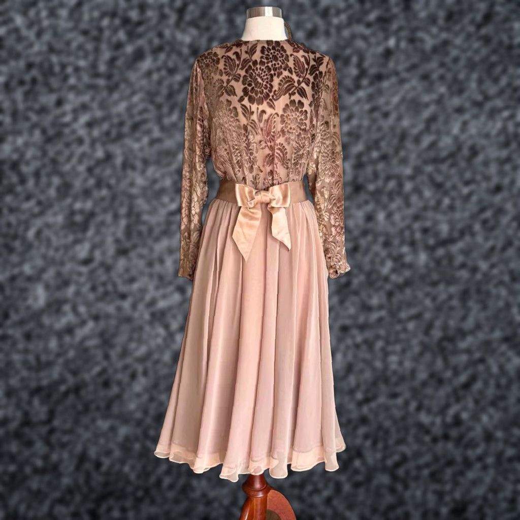 Velvet VINTAGE Harold Levine Boutique Dress Floral Velvet Silk Chiffon Cocktail 70s S Champagne Bohemian Tea Dress Womens Size S / US 4 / IT 40 - 1 Thumbnail