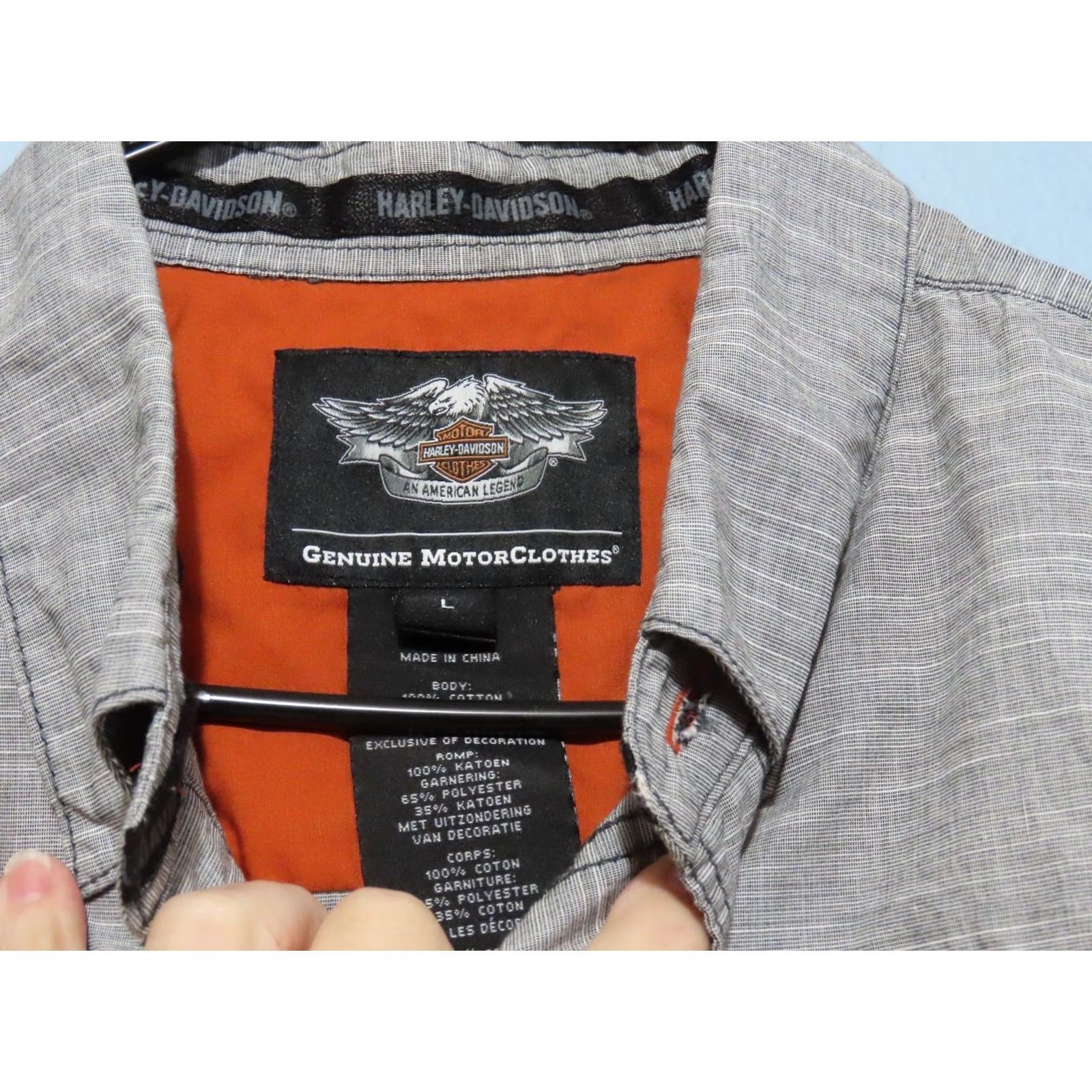 Harley Davidson Harley-Davidson Men's Shirt L Button-Up Gray Short Sleeve Embroidered Woven Slub Weave Lightweight Breathable Classic Motorcycle Size US L / EU 52-54 / 3 - 5 Thumbnail