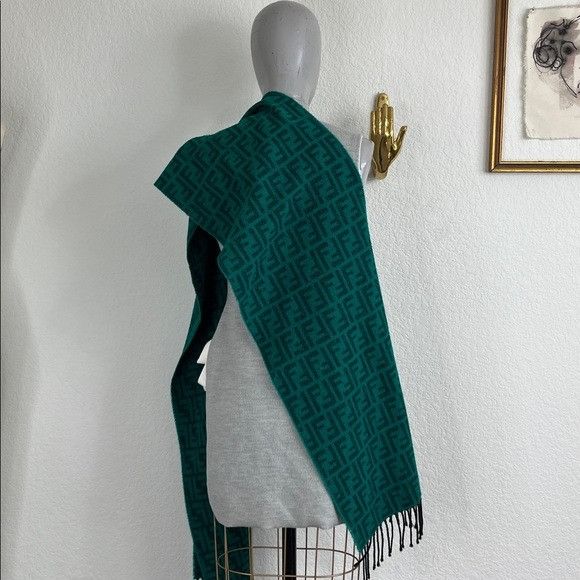 Fendi VTG Fendi Green Fringe Black Logo Scarf Wrap Size ONE SIZE - 8 Thumbnail