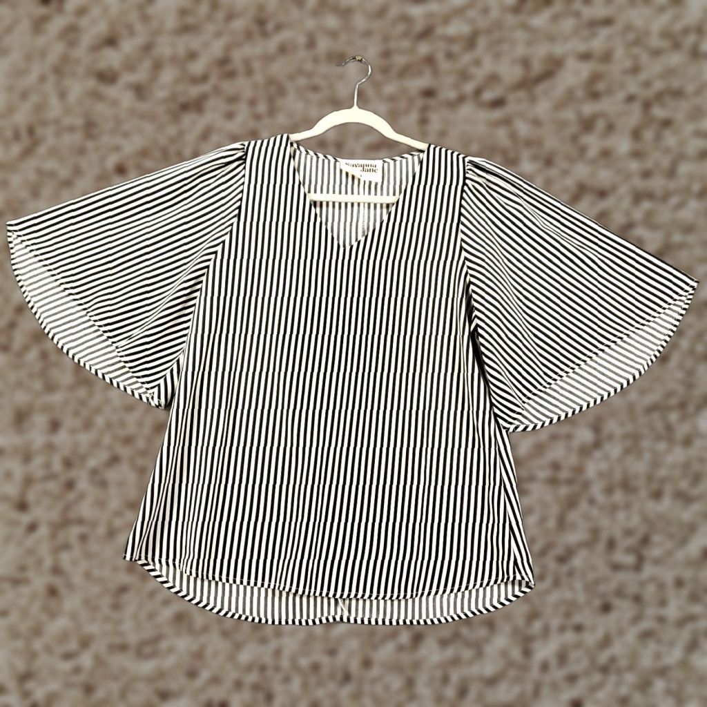 Bell Savanna Jane Blouse Womens Small Black White Striped Bell Sleeve V-Neck Pullover Boho Casual Ready to Wear Size S / US 4 / IT 40 - 1 Thumbnail