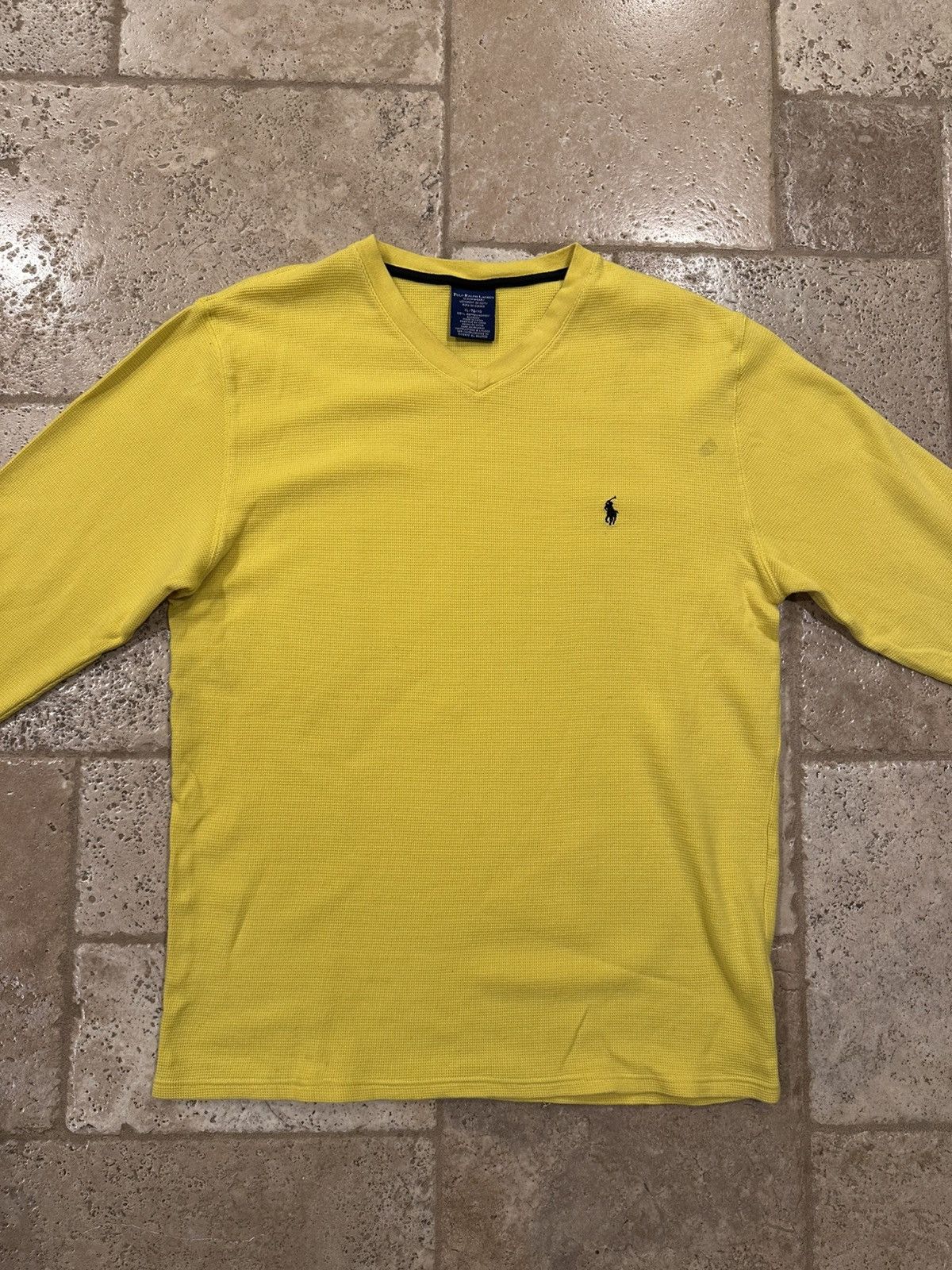 Polo Ralph Lauren × Ralph Lauren × Vintage Polo Ralph Lauren Yellow Waffle V-Neck Long Sleeve T-Shirt Size US XL / EU 56 / 4 - 3 Thumbnail