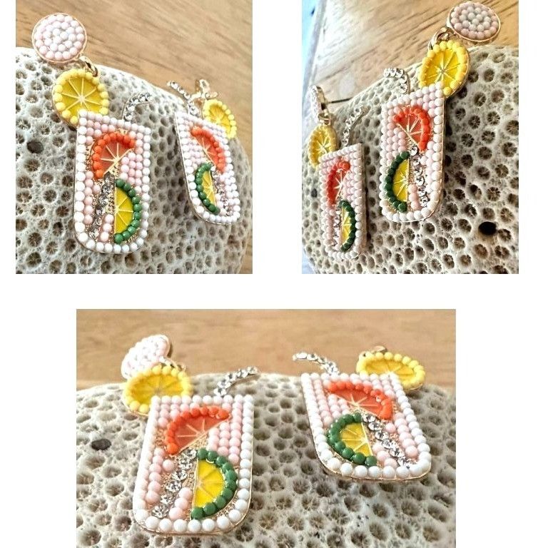 Handmade Tropical Cocktail Earrings Beaded Dangle Posts Lemon Lime Cr Size ONE SIZE - 7 Thumbnail