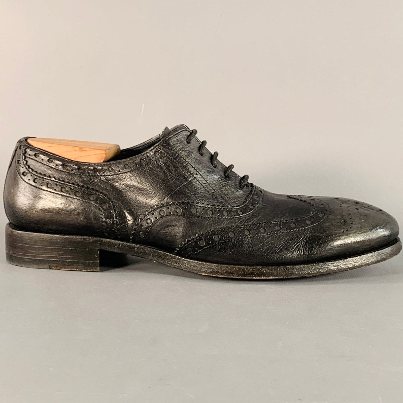 Paul Smith 10.5 Black Distressed Leather Wingtip Lace-Up Shoes Size US 10.5 / EU 43-44 - 2 Thumbnail