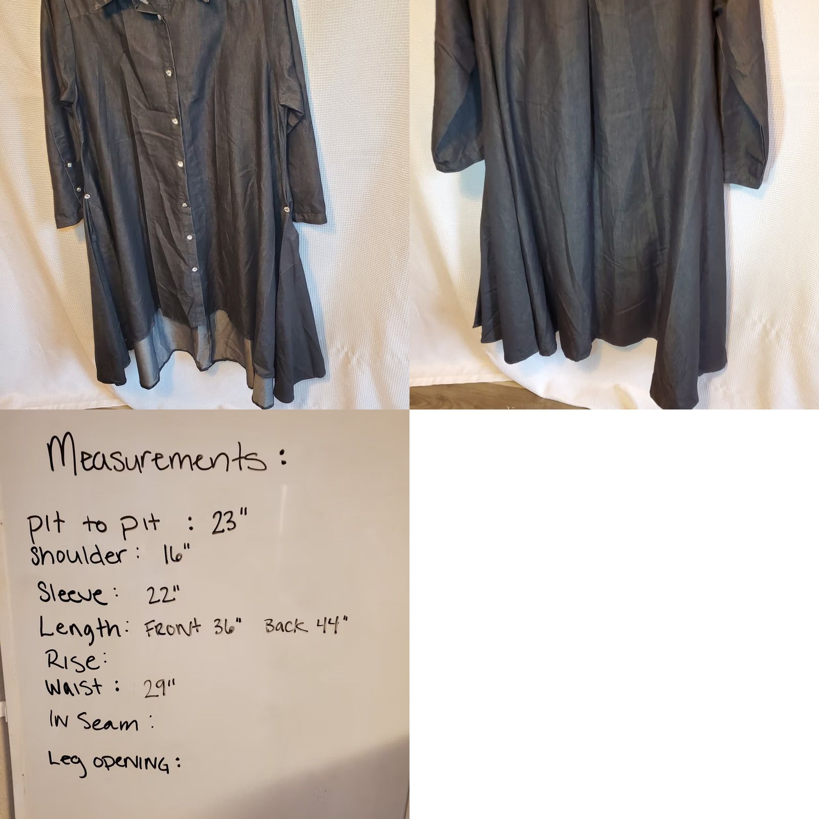Denime Womens Chambray Denim Button Front Dress Black Pockets Hi-Lo Rhinestone Buttons Size L / US 10 / IT 46 - 8 Thumbnail