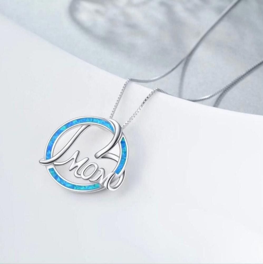 Designer Round Blue Opal Mom Heart Silver Necklace Size ONE SIZE - 4 Thumbnail