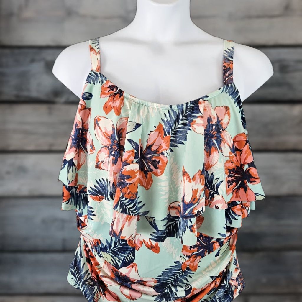 Vintage Catherines One Piece Swimsuit Womens 22W Blue Pink Floral Size ONE SIZE - 1 Thumbnail