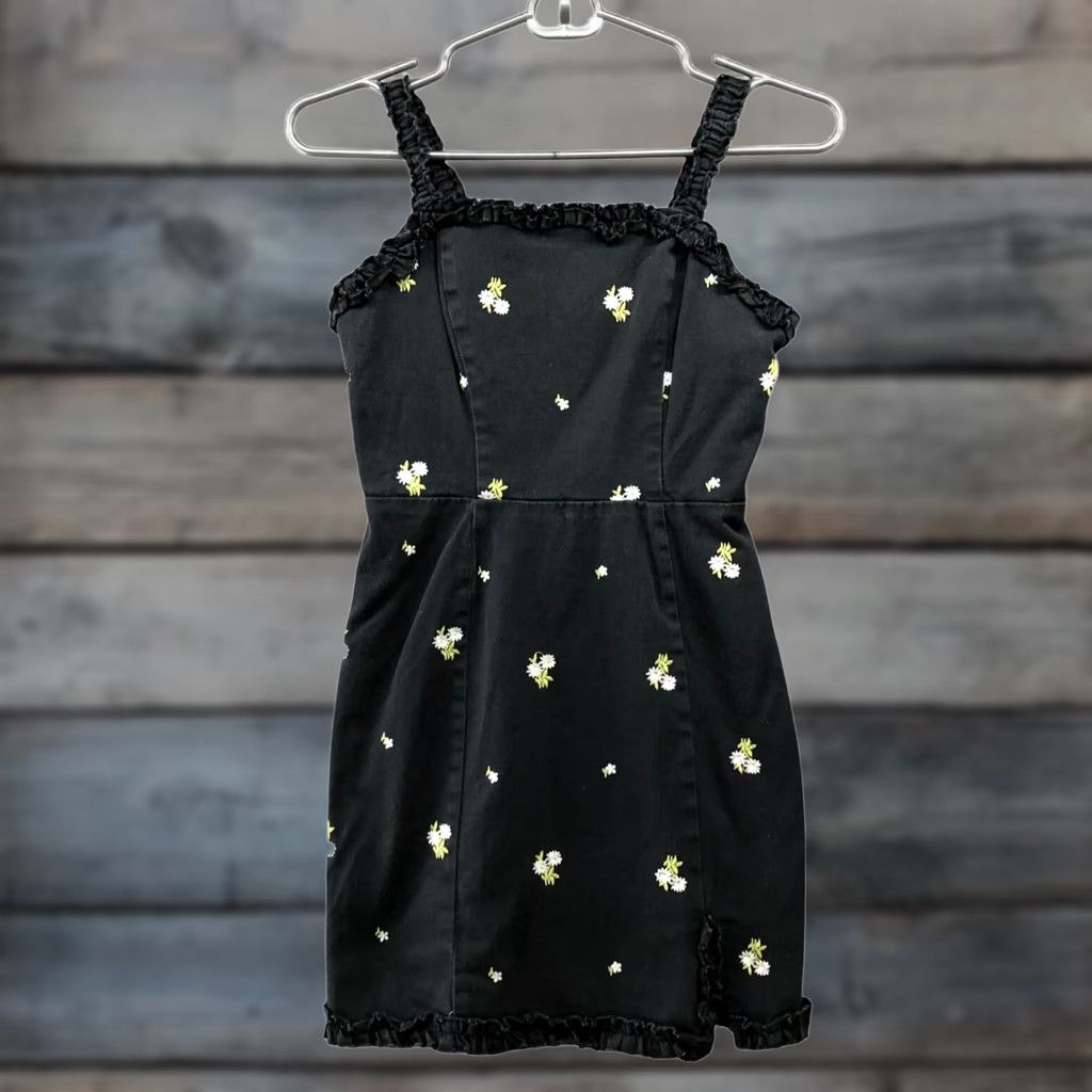 Urban Outfitters VINTAGE Urban Outfitters Wren Embroidered Ruffle Mini Dress XS Black Cotton Blend Cami Size XS / US 0-2 / IT 36-38 - 1 Thumbnail