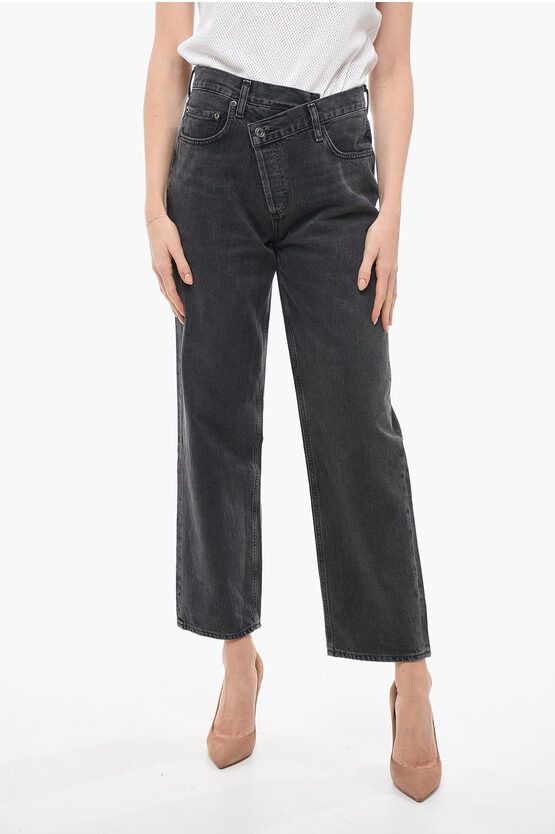 image of Agolde Straight Fit Denims With Asymmetric Buttoning 21Cm in Black, Women's (Size 27)