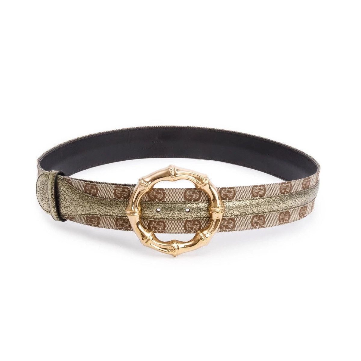 Gucci GG Canvas & Metallic Gold Leather Bamboo Buckle Belt