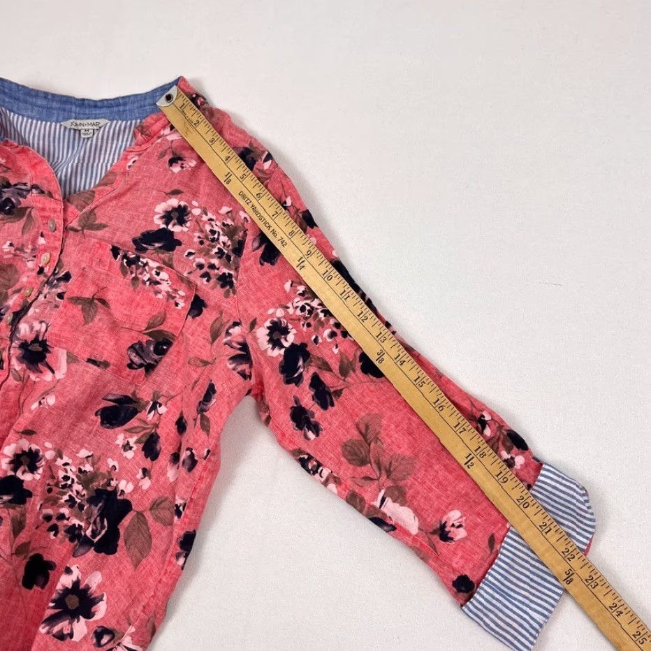 Vintage John Mark Blouse Womens M Pink Floral Linen Popover Roll Tab Wired Collar Boho Size M / US 6-8 / IT 42-44 - 7 Thumbnail