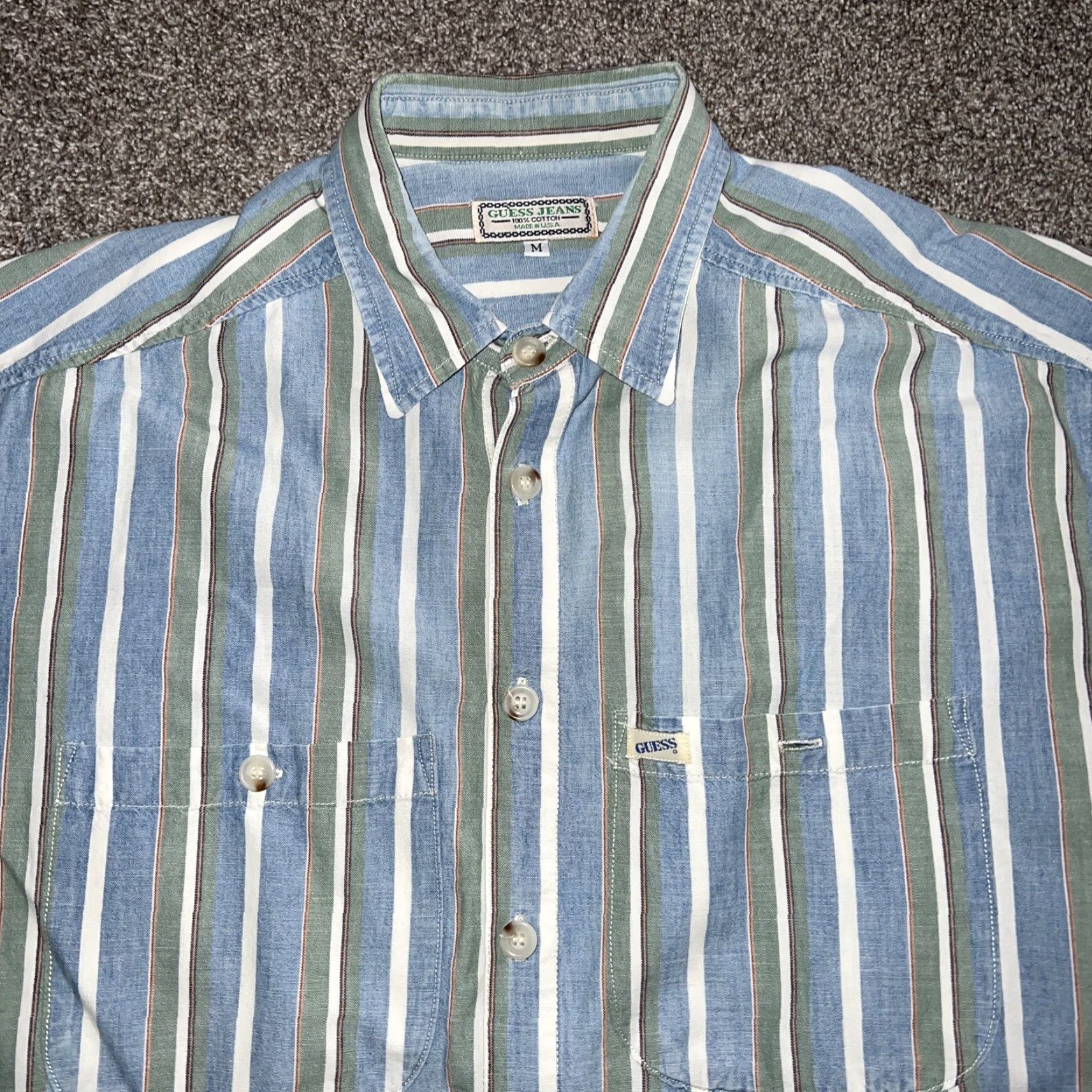 Guess Vintage Guess Button-Up Shirt Men’s Short Sleeve Green Blue Striped Size M Size US M / EU 48-50 / 2 - 2 Thumbnail