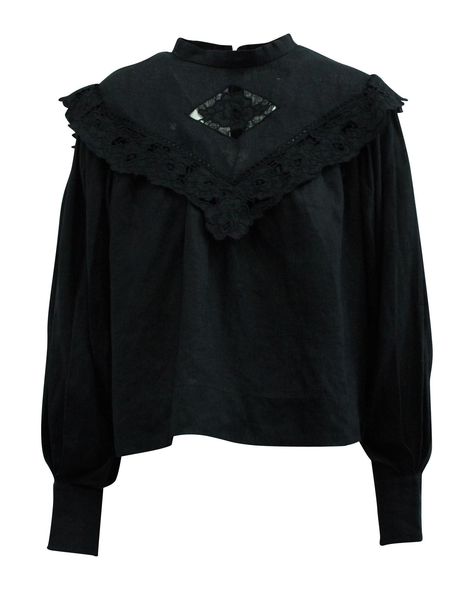 image of Isabel Marant Romantic Black Linen Dolman-Sleeve Blouse With Broderie Anglaise And Lace Trims, Wome