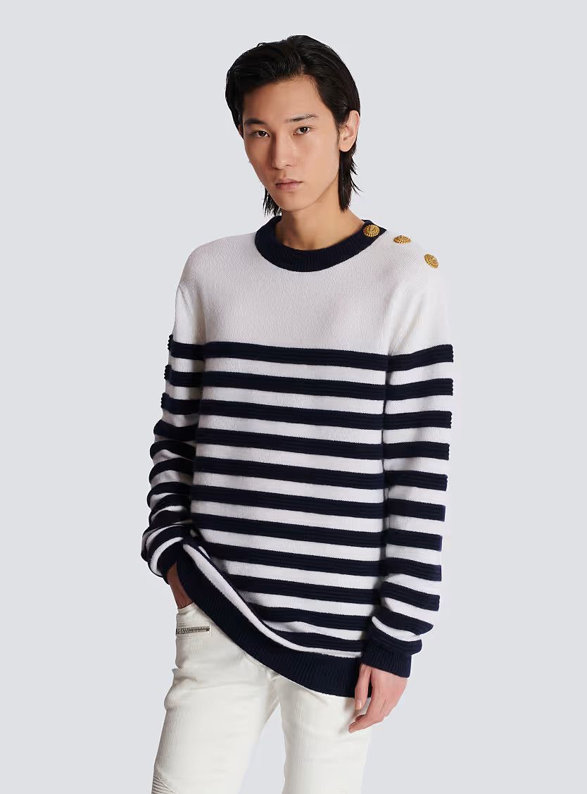 Balmain o1s1wg110925 Button Detail Striped Jumper in Black/White Size US L / EU 52-54 / 3 - 6 Thumbnail