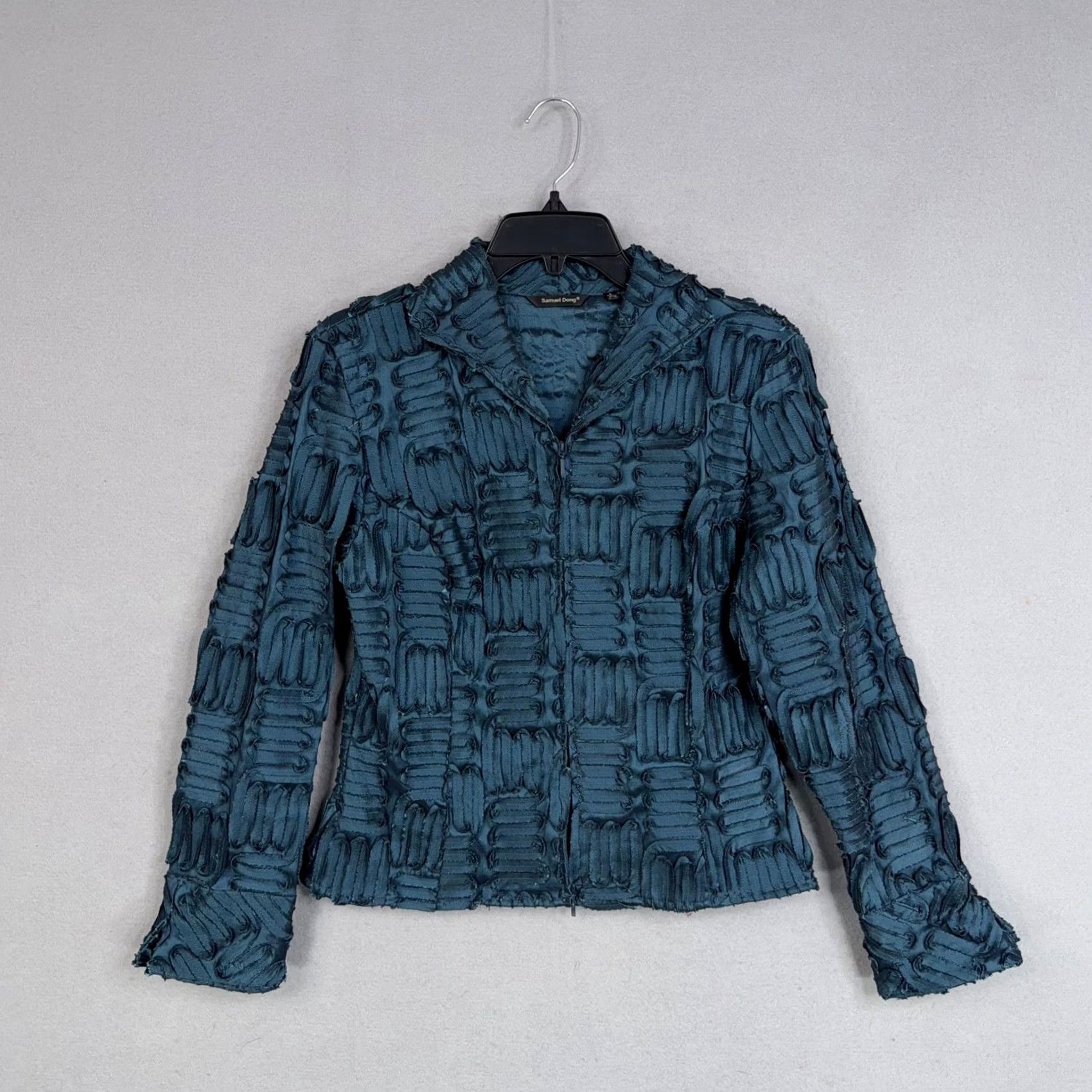 Vintage Samuel Dong Jacket Womens Small Blue Textured Wearable Art Luxury Modern Jacket Woman Small Blue Satin Zip Full Zip Geometric Vintage No Size S / US 4 / IT 40 - 2 Thumbnail
