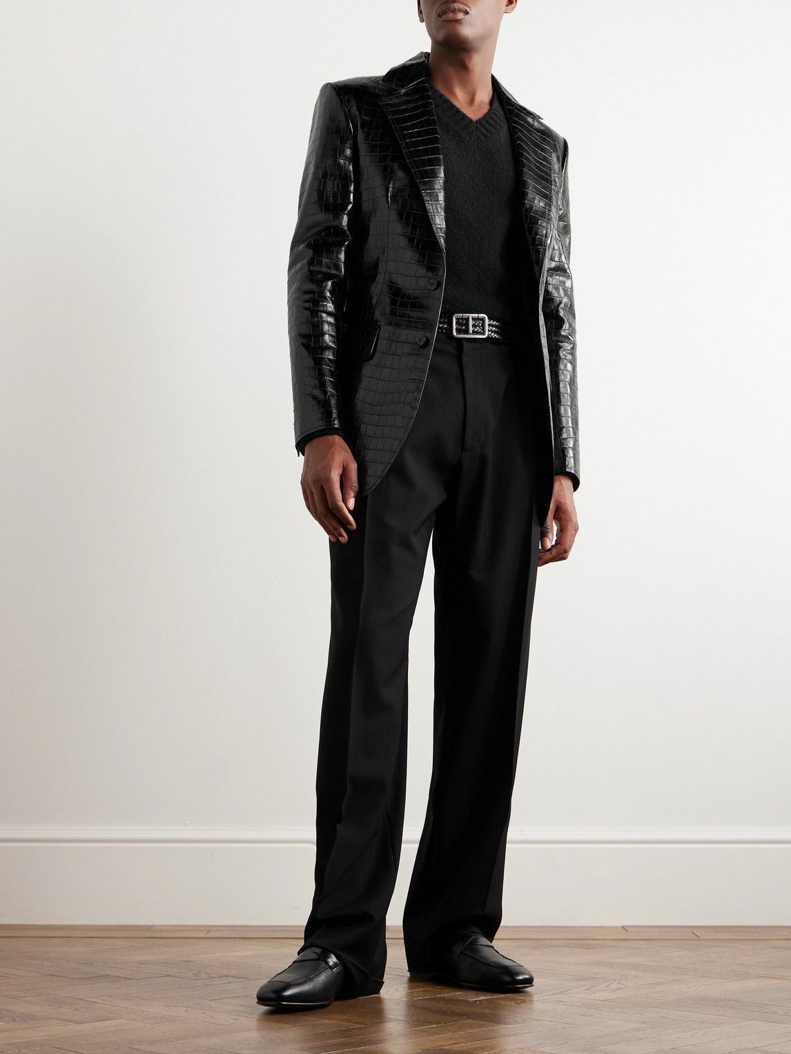 Tom Ford o1w1db10925 LJT007 Slim-Fit Croc-Effect Leather Blazer Black Size US M / EU 48-50 / 2 - 2 Thumbnail