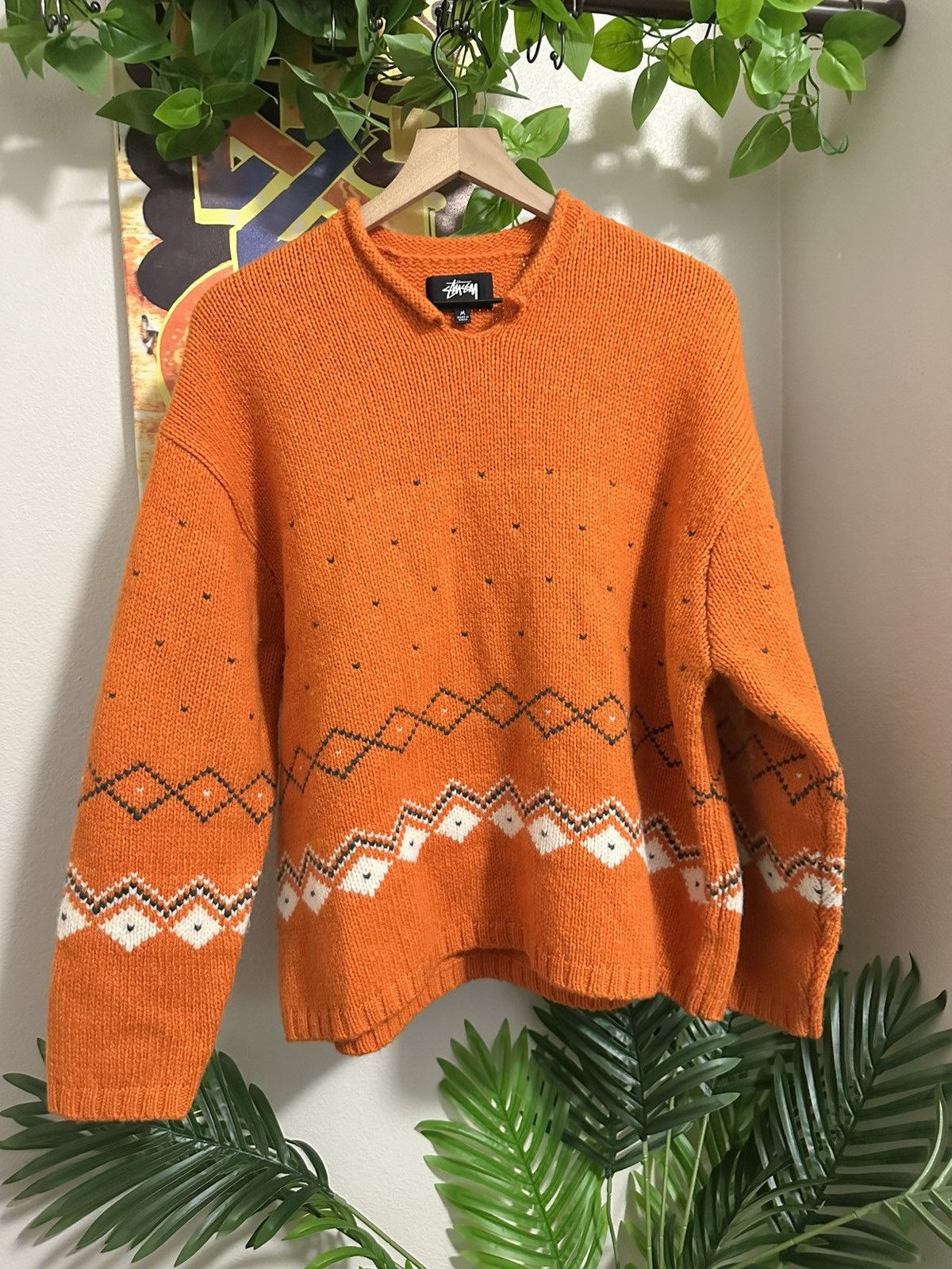 Stussy STÜSSY ROLL V NECK FAIRISLE SWEATER ORANGE | Grailed