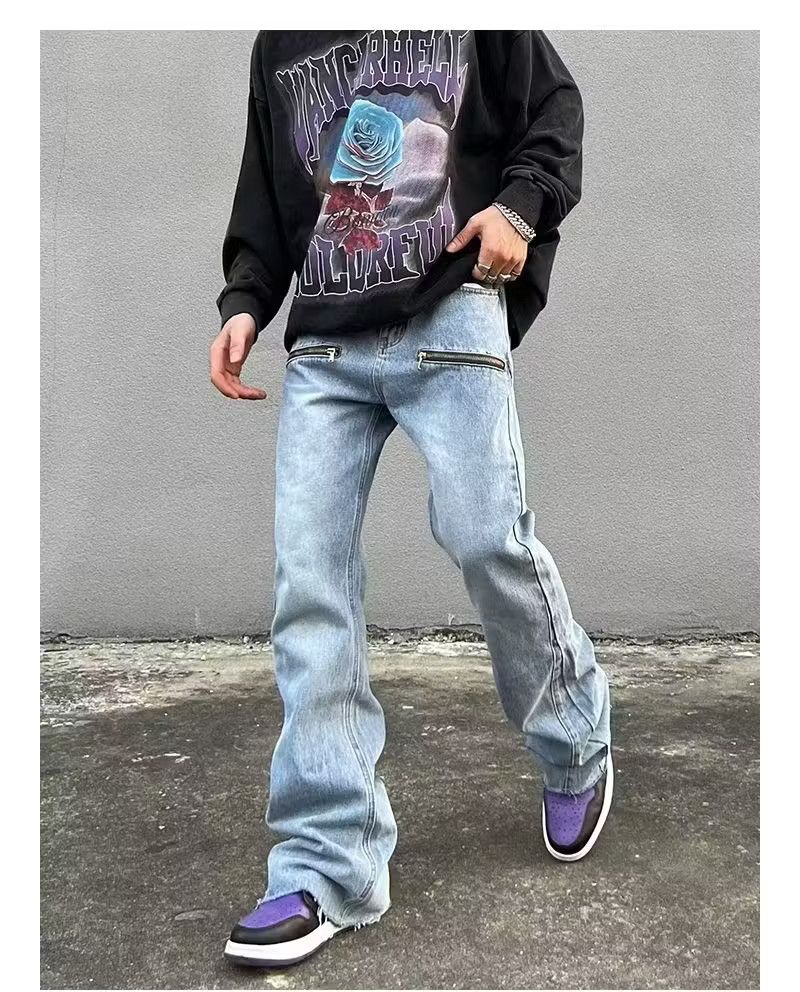image of Vibe Style Zipper Retro Washed Baggy Men Flare Jeans in Blue (Size 34)