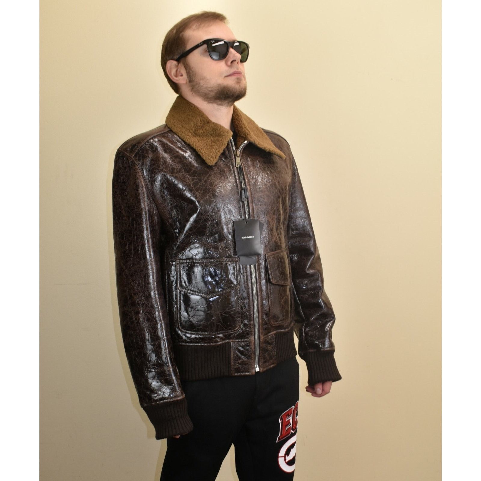 Dolce & Gabbana DOLCE GABBANA BROWN LEATHER BOMBER SHEARLING JACKET 54 44 Size US L / EU 52-54 / 3 - 5 Thumbnail