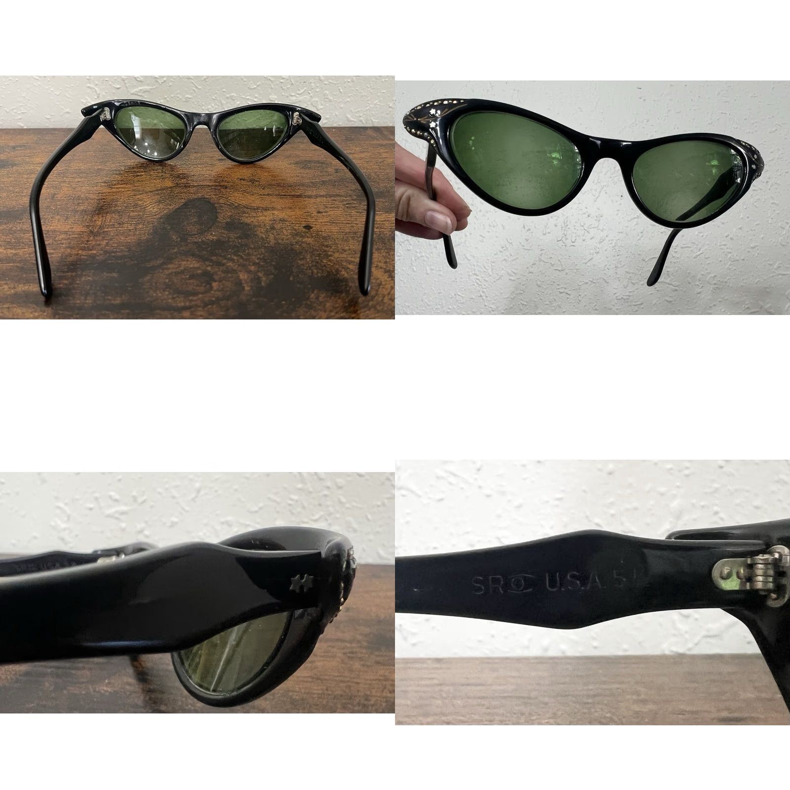 Vintage VINTAGE SR USA Cat Eye Sunglasses Black Green Lens 1950s 5 1/2 Custom Look Art Deco Mens Women Girls Boys Size ONE SIZE - 8 Thumbnail