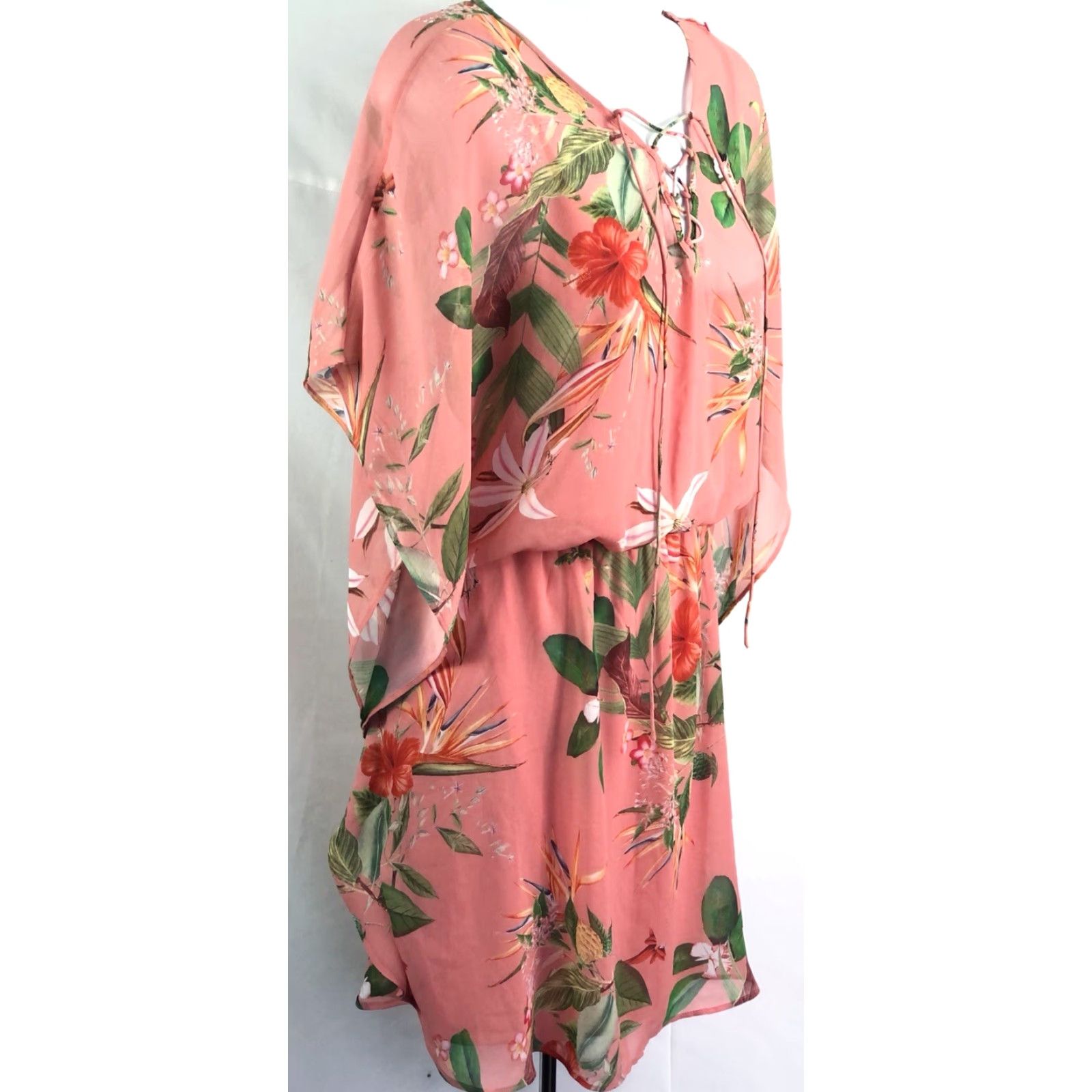 Express Express Pink Floral Chiffon Mini Dress M Short Sleeve V-Neck Lace Up Beach Hippie Tropical Girls Womens Dress Size M / US 6-8 / IT 42-44 - 3 Thumbnail