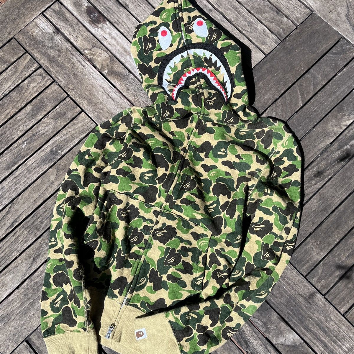 Image of Bape Abc Camo Shark Full Zip Hoodie in Green, Men's (Size Small)