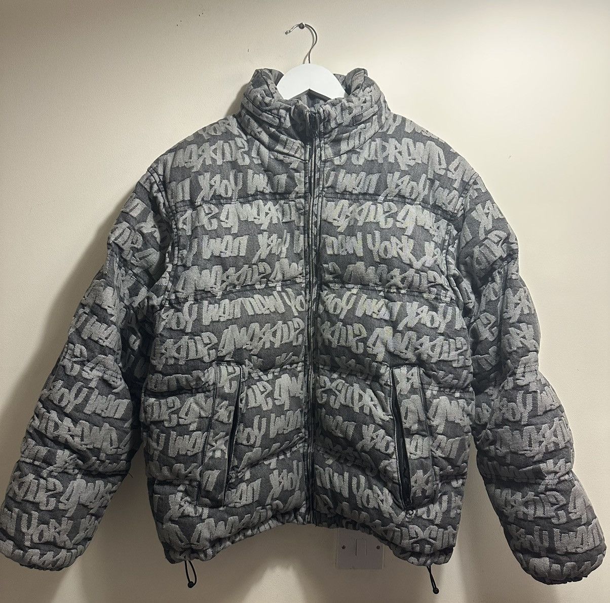 image of Supreme Fat Tip Jacquard Denim Puffer Jacket in Black, Men's (Size Small)