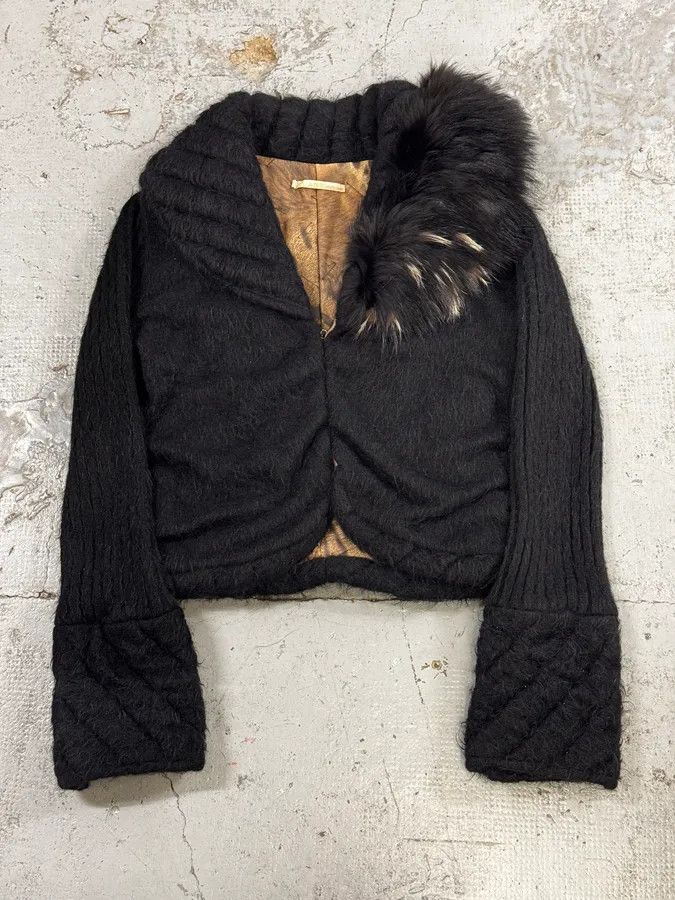 Roberto Cavalli 2000s Roberto Cavalli Black Wool Quilted Fox Fur Collar Cardigan Size L / US 10 / IT 46 - 1 Thumbnail