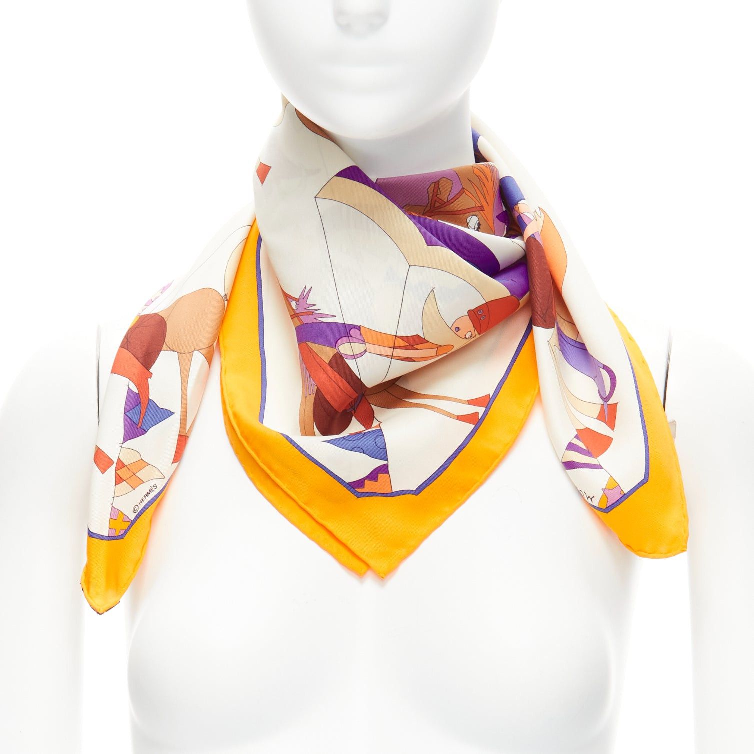 Hermes HERMES 100% silk Un Amour De Cheval print yellow purple scarf Size ONE SIZE - 1 Thumbnail