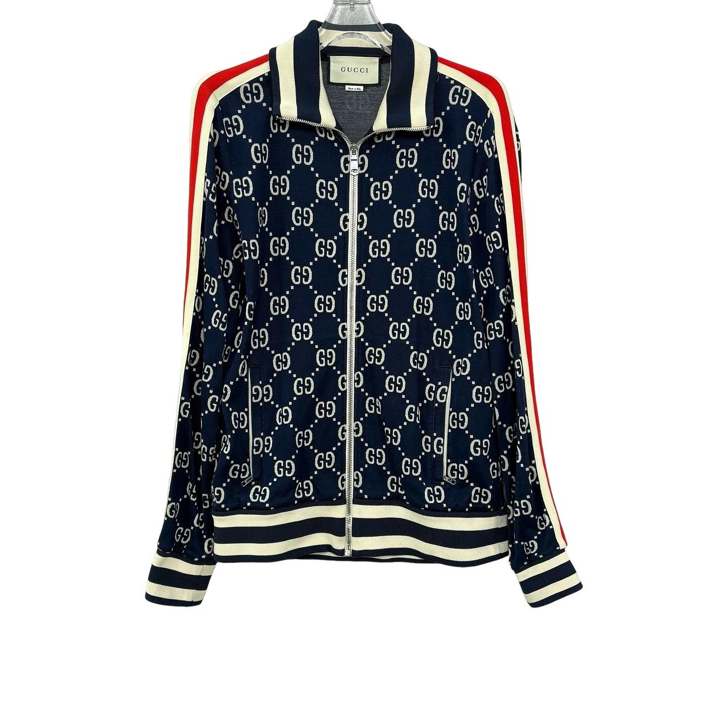 Gucci GUCCI Web Logo Navy Blue Jersey Track Zip-Up Jacket | Grailed