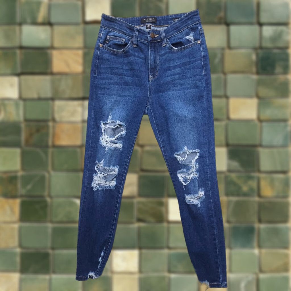 Denime Judy Blue Skinny Fit Jeans Womens 5 27 Dark Wash Blue Distressed Denim Stretch Size 27" / US 4 / IT 40 - 1 Thumbnail