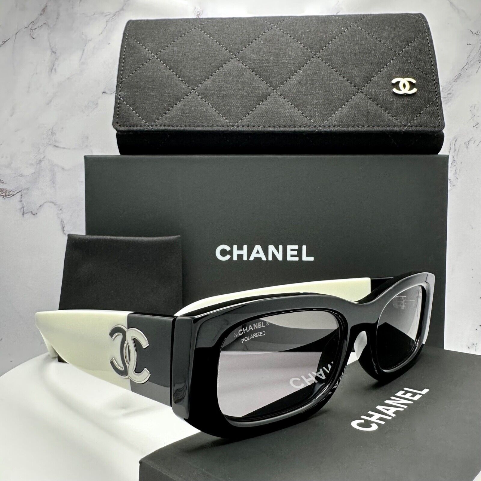 New CHANEL Sunglasses Black White Polarized CC Logo