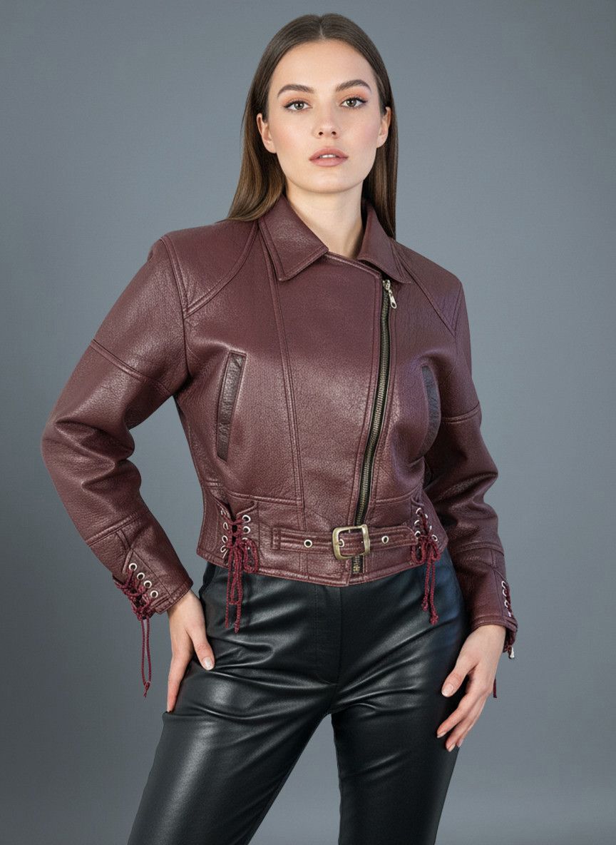 Vintage Y2K burgundy faux leather biker jacket
