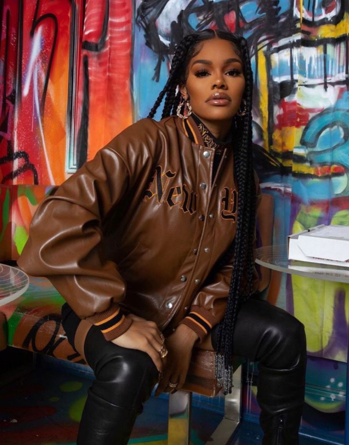 PrettyLittleThing Brown Faux Leather Varsity jacket with NEW YORK spelled out Size 3XL / US 20-22 - 1 Thumbnail