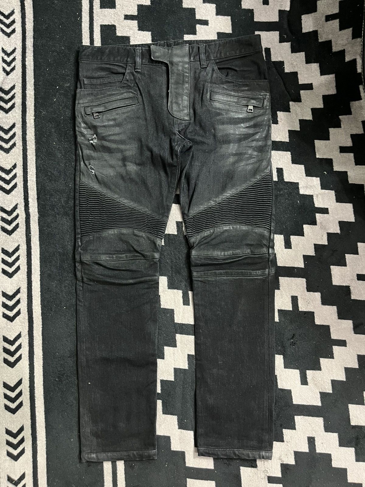 Balmain Christophe Decarnin black waxed distressed biker jeans Size US 31 - 1 Thumbnail