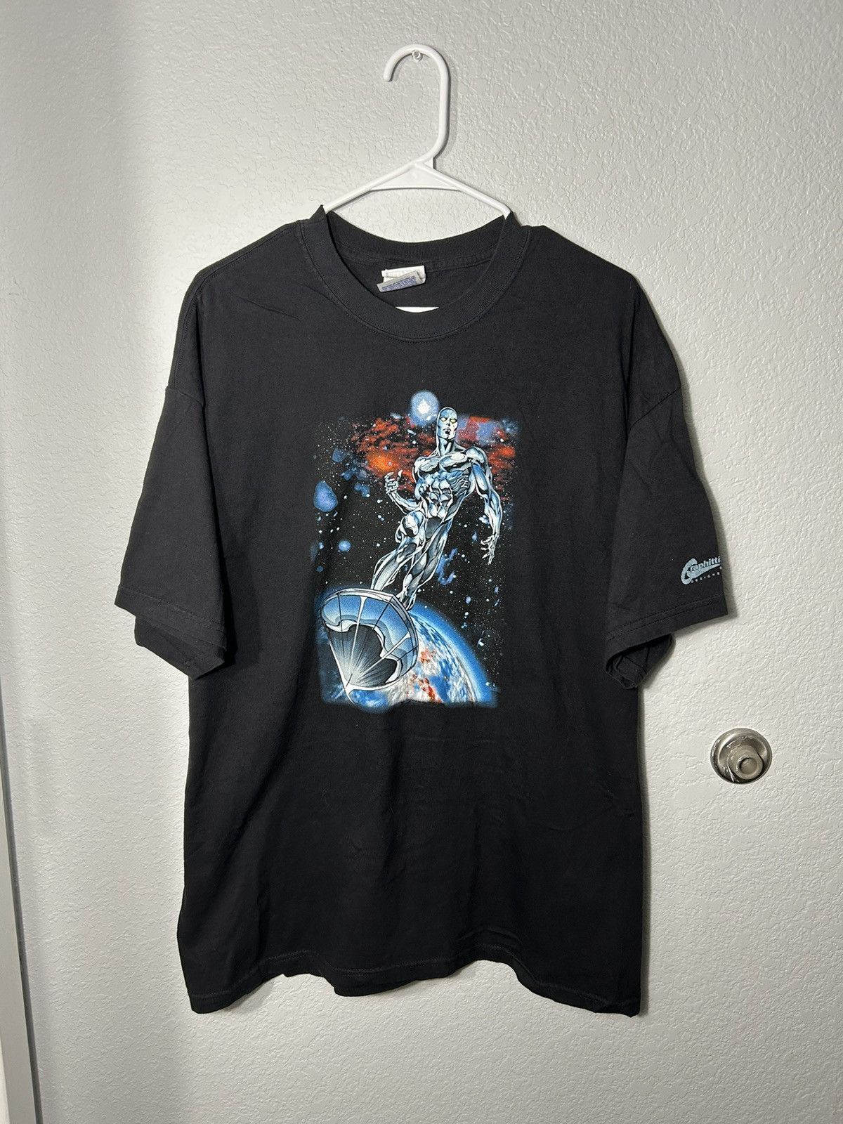 image of Hanes x Marvel Comics Vintage Y2K Marvel Silver Surfer Graffiti Designs in Black, Men's (Size XL)