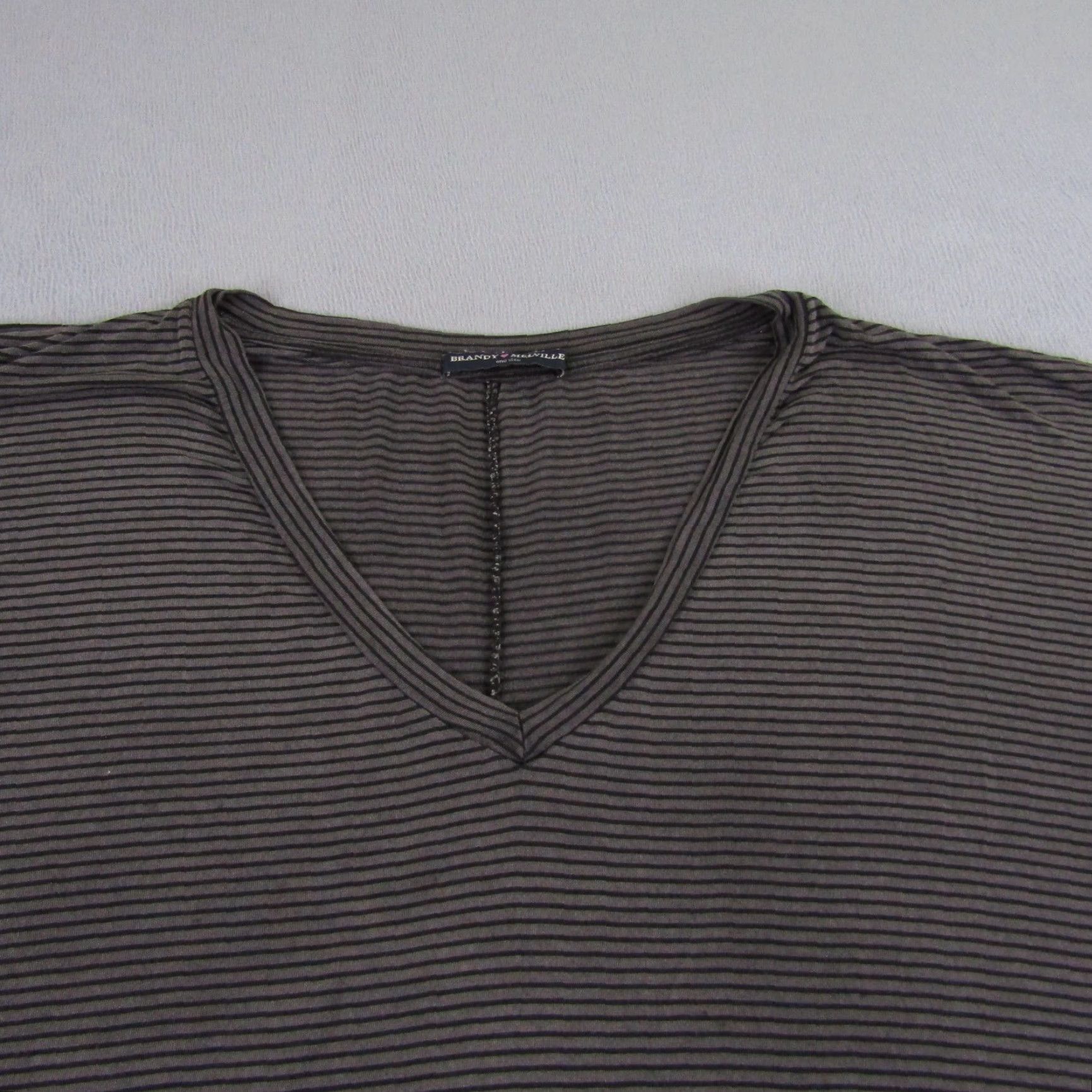 Brandy Melville Brandy Melville Shirt Womens One Size Gray Black Stripes V Neck Top Stretchy T-Shirt Size ONE SIZE - 3 Thumbnail