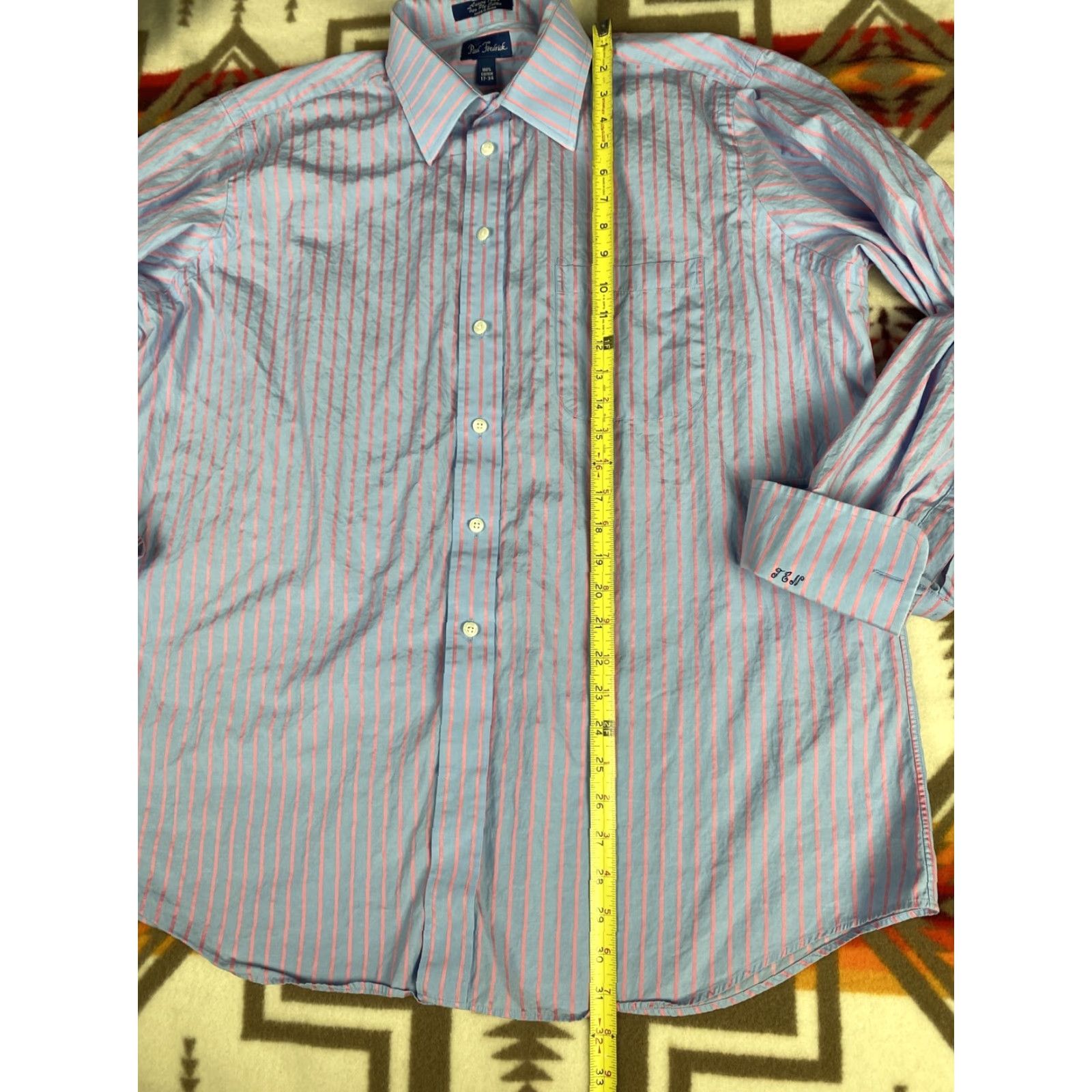 Vintage Paul Fredrick Dress Shirt Mens 17-34 Blue Pink Stripes Size 46R - 6 Thumbnail