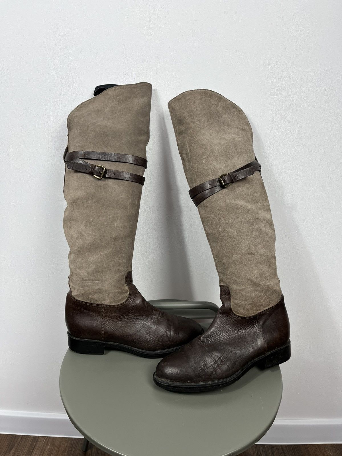 Suede Leather Knee High Boots EU 38.5 Brown Buckle
