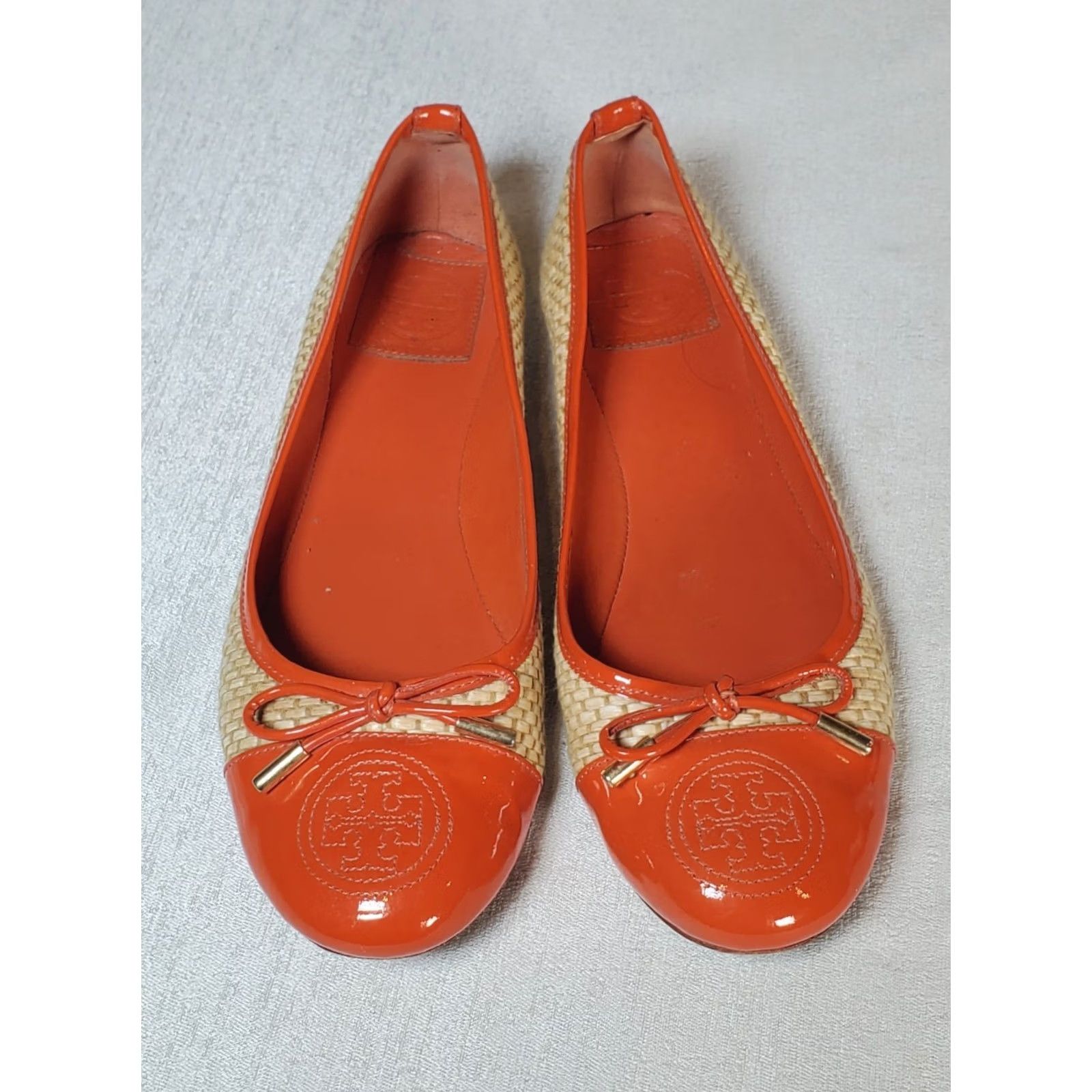 Tory Burch Tory Burch Catherine Cap Toe Raffia Patent Ballet Flats Orange Bow Women's US 8 Ballet Flat M Size ONE SIZE - 7 Thumbnail