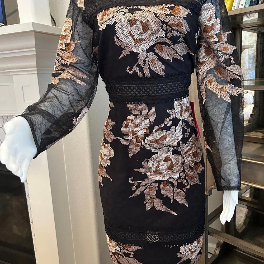 Designer Belle Badley Mischka Floral Sheer Sleeves Dress Size L / US 10 / IT 46 - 6 Thumbnail