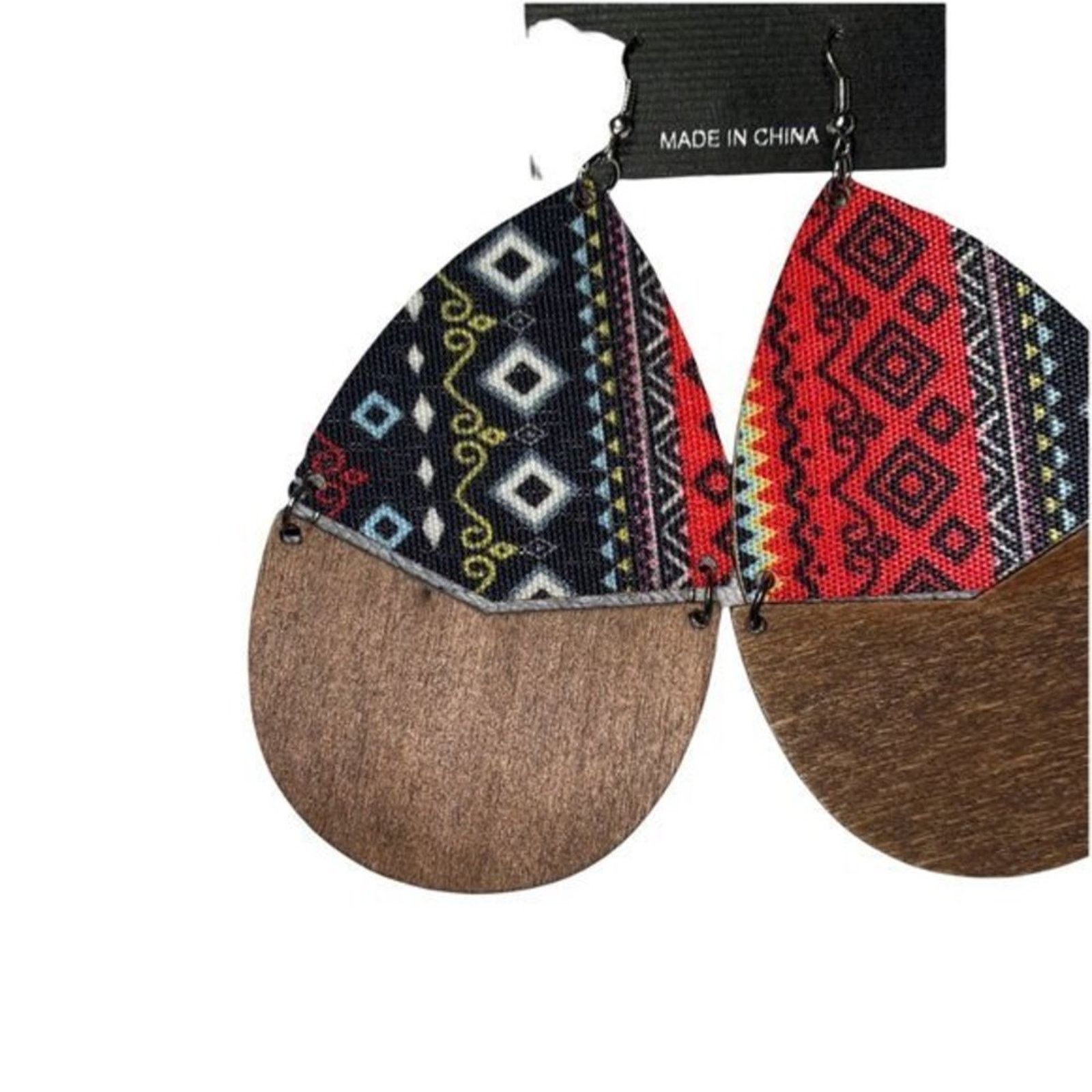 Other Wooden Fabric Boho Aztec Dangle Earrings Black & Red Size ONE SIZE - 3 Thumbnail