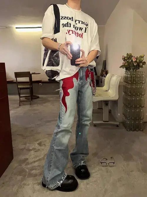 Jean Retro washed distressed flame print jeans Size US 32 / EU 48 - 1 Thumbnail