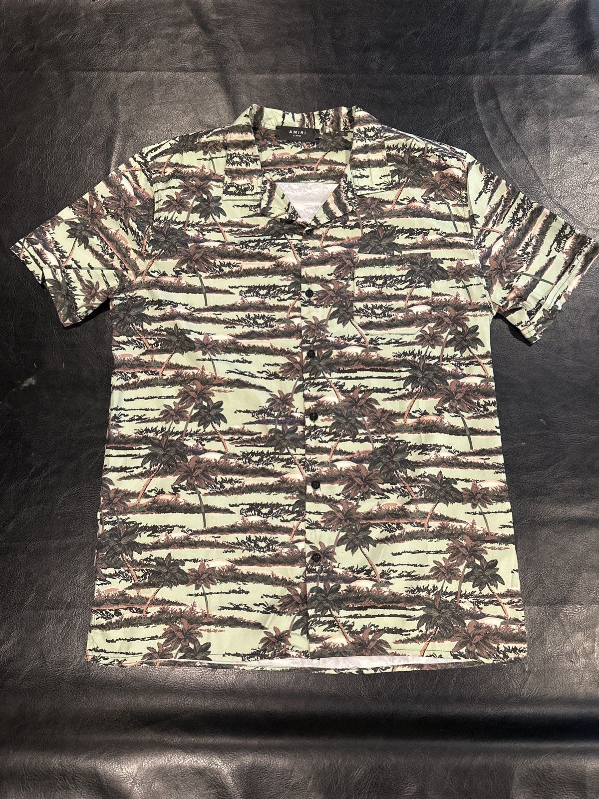 Amiri Hawaiian Tencel Green Palm Tree Button Up Short Sleeve