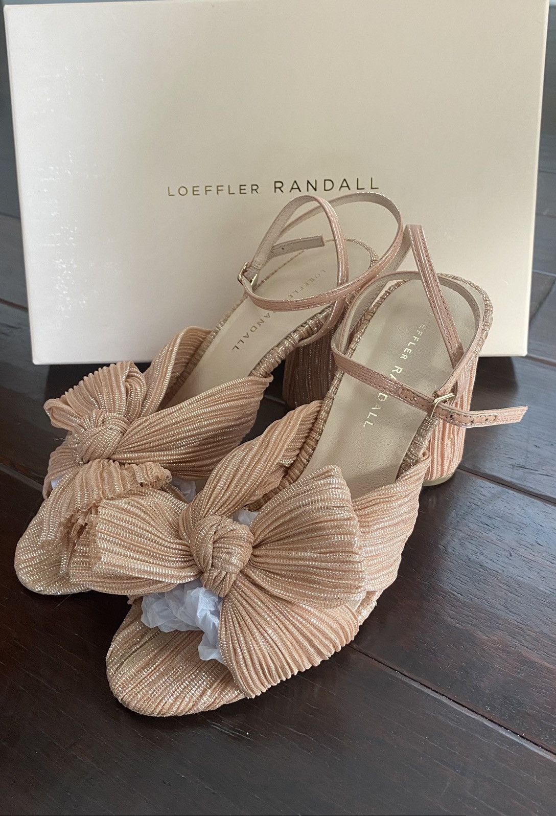 image of Loeffler Randall Camellia Bow Heel Shoes With Ankle Strap In Peach, Women's (Size 8)