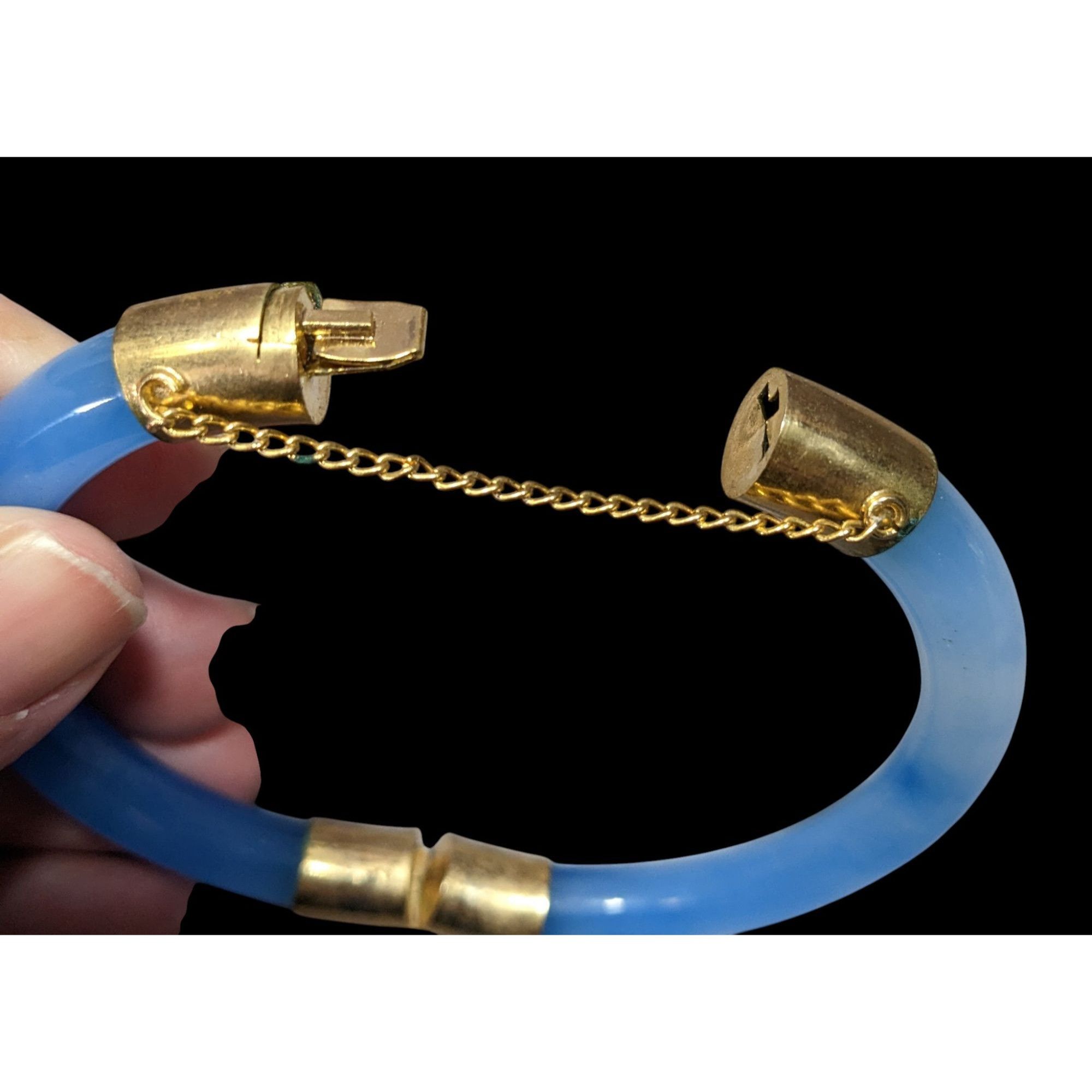 Other Vintage Midcentury Blue Marbled Glass And Gold Tone Hinged B Size ONE SIZE - 3 Thumbnail